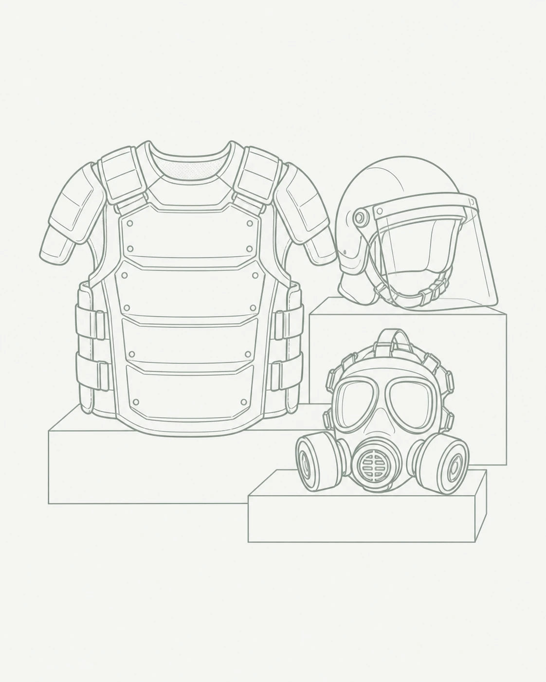 Riot protection vest, visor helmet and gas mask