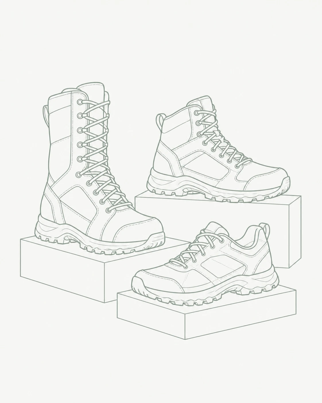 Tactical boots and a trail-running shoe