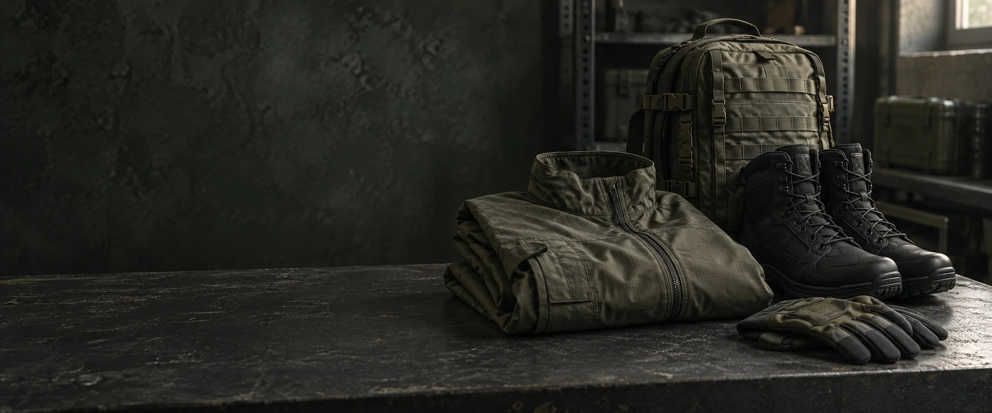 Apparel, duty boots and a utility backpack staged for the day ahead